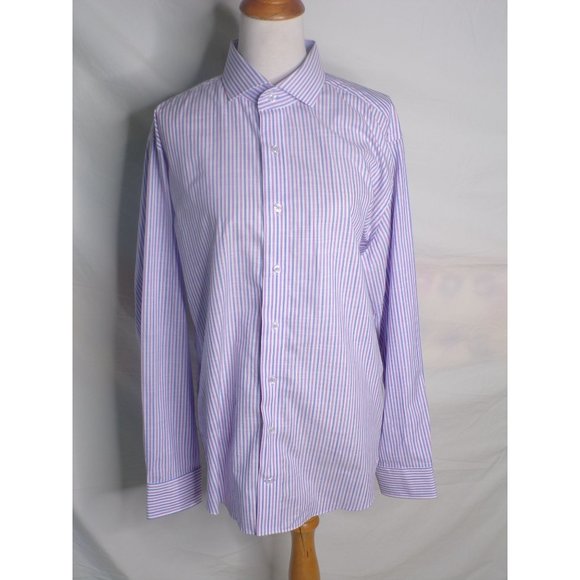 LORENZO UOMO Striped Trim Fit Dress Shirt Blue Purple 17 - 34/35 NEW - Picture 3 of 9